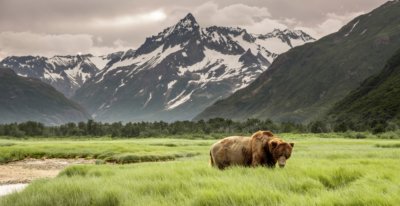 Alaskan Grizzly Bear walking through long grass in valley surrounded by snow covered mountains.