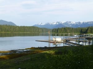 Lake dock and view of mountains.