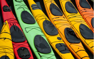 An assortment of colorful single and double-occupancy kayaks on an Alaskan shoreline.