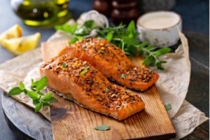 A delectable presentation of salmon filets at an Alaskan all-inclusive resort.