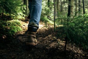 A close-up shot of a hiker's boot as they trek through Tongass National Forest.