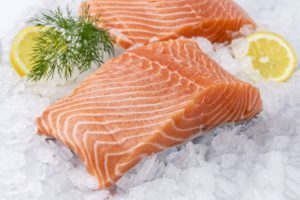 A delectable salmon filet on ice.